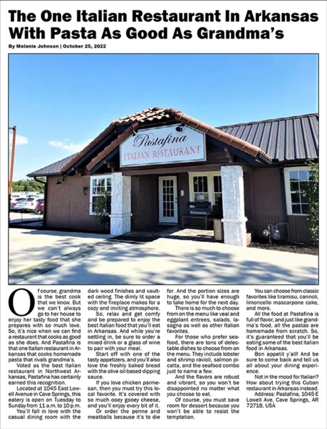 Newspaper clipping headlined “The One Italian Restaurant In Arkansas With Pasta As Good As Grandma’s,” by Melanie Johnson in OnlyInYourState, October 25, 2022, with a photograph of the restaurant’s entrance and four columns of review text.