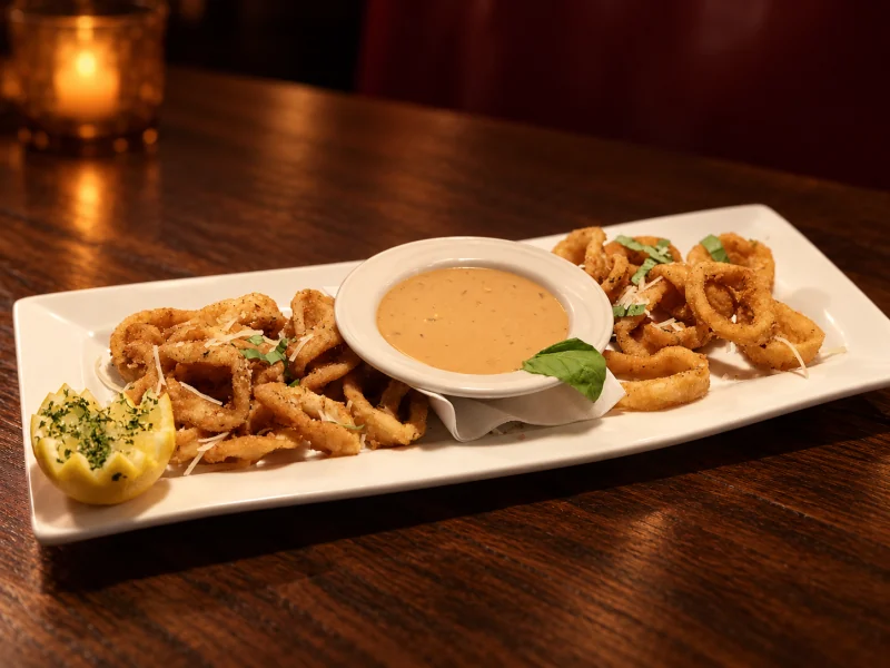 Fried calamari on a white platter with dipping sauce, lemon and basil.