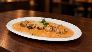 Stuffed mushrooms in cream sauce with basil and shaved parmesan on a long white platter.